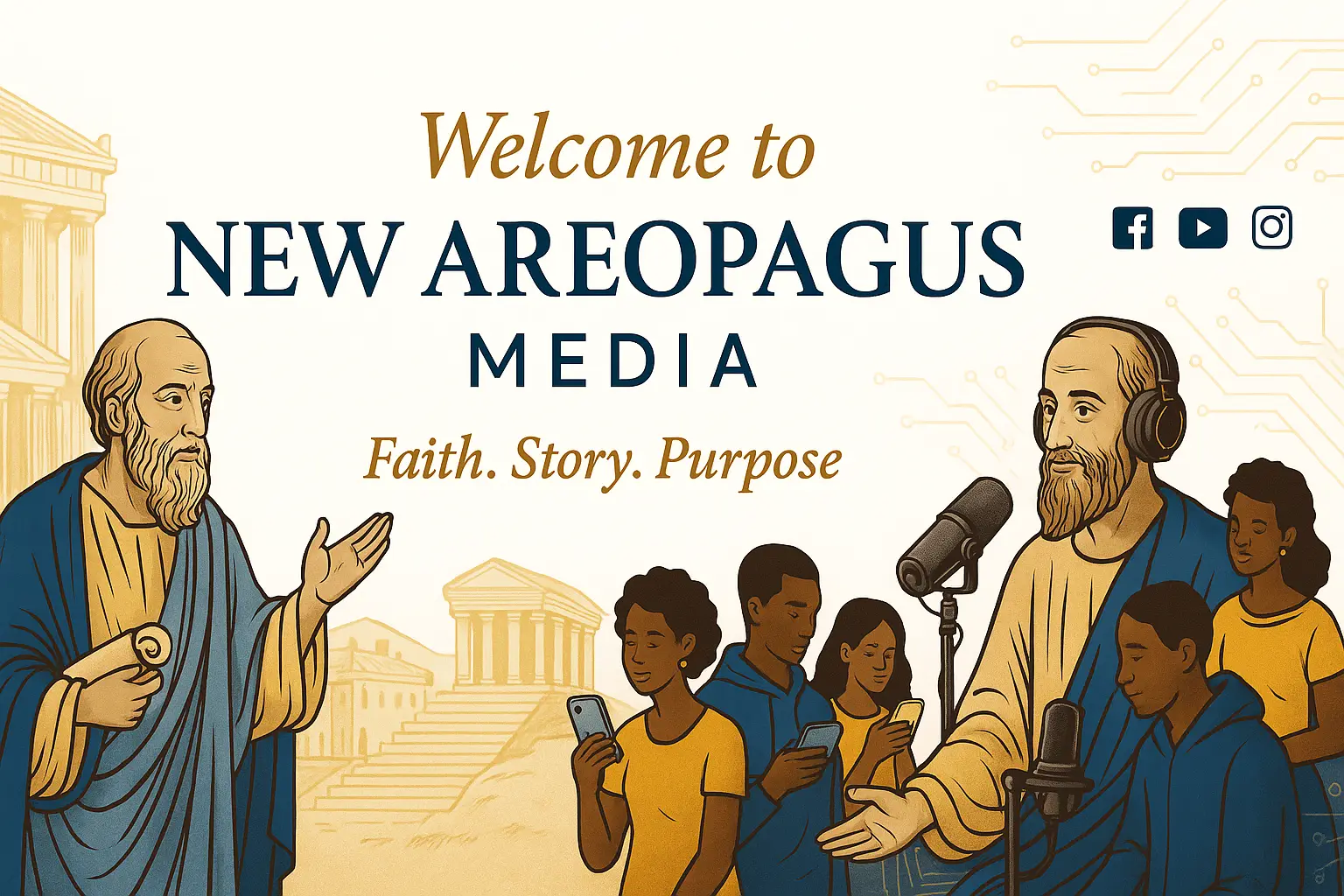 An illustration depicting the ancient Greek philosopher St. Paul on the left and a modern version of St. Paul with headphones and a microphone on the right. In the center, a group of young Black men and women are looking at their smartphones, engaged by the figures. In the background are Greek ruins and a digital circuit pattern.