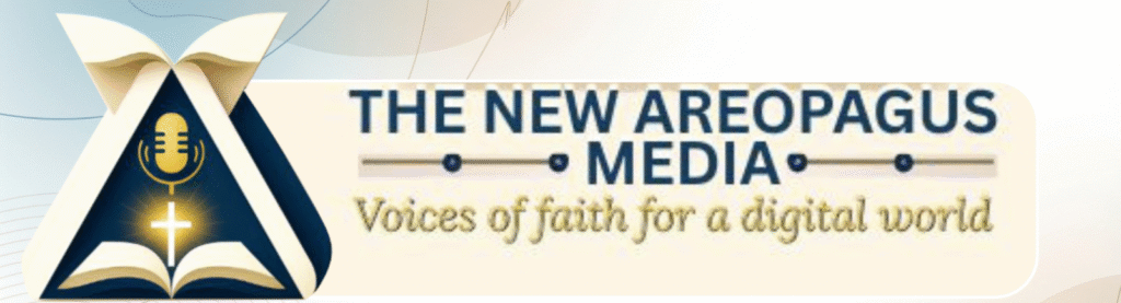 Logo and title for The New Areopagus Media. The logo features an open book, a glowing cross, and a microphone. The text reads: "The New Areopagus Media: Voices of faith for a digital world.